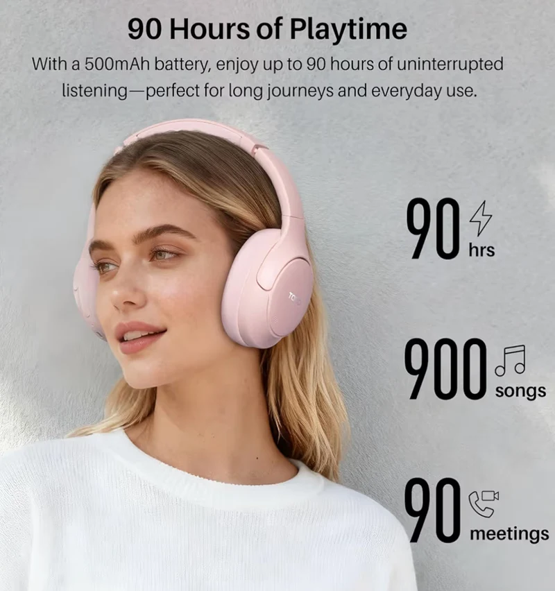 HT3 Hybrid Noise Cancelling Headphones, 90H Battery Life Over Ear Bluetooth 6.0 Foldable Headset, AI Voice Assistant - Pink