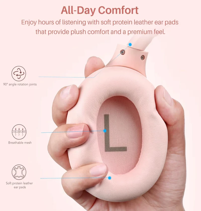 HT3 Hybrid Noise Cancelling Headphones, 90H Battery Life Over Ear Bluetooth 6.0 Foldable Headset, AI Voice Assistant - Pink