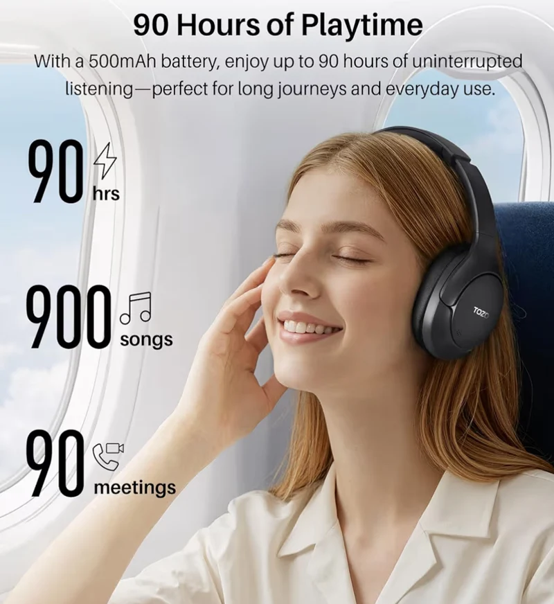 HT3 Hybrid Noise Cancelling Headphones, 90H Battery Life Over Ear Bluetooth 6.0 Foldable Headset, AI Voice Assistant - Titanium Black