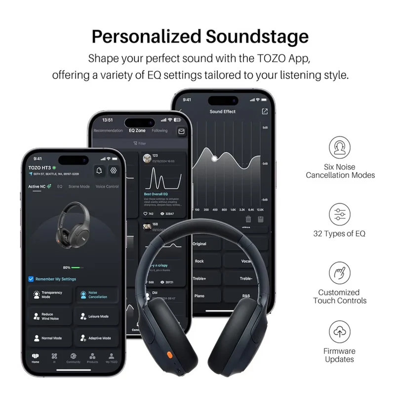 HT3 Hybrid Noise Cancelling Headphones, 90H Battery Life Over Ear Bluetooth 6.0 Foldable Headset, AI Voice Assistant - Titanium Black