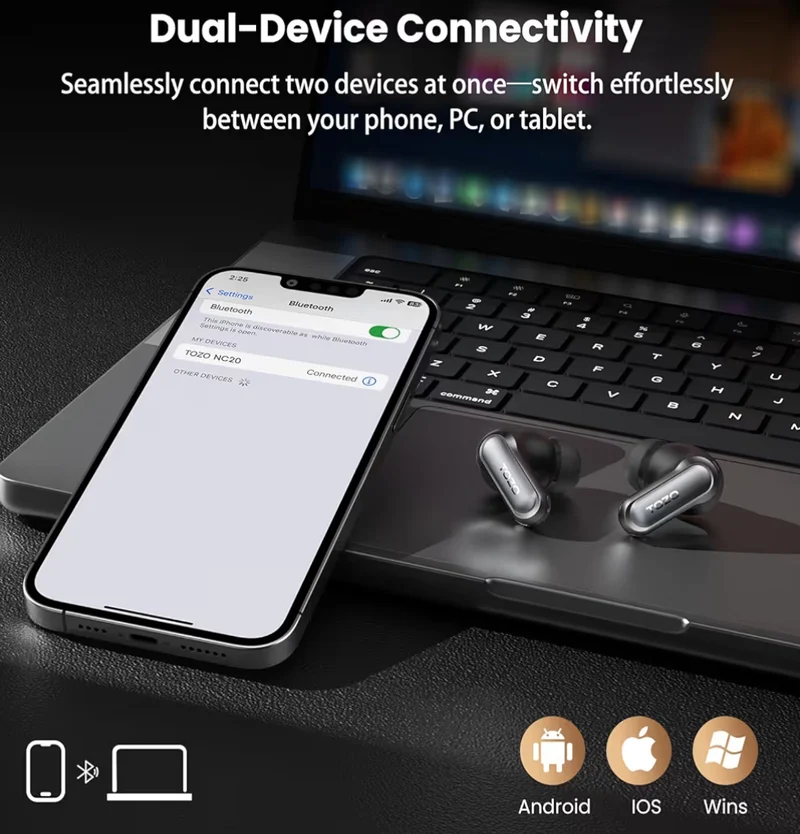 NC20 Active Noise Cancelling Wireless Earbuds, LDAC Hi-Res Sound Bluetooth, 80H Playtime, Dual Pairing, 32 EQ via App, IPX8 Waterproof - Wireless Charging Case