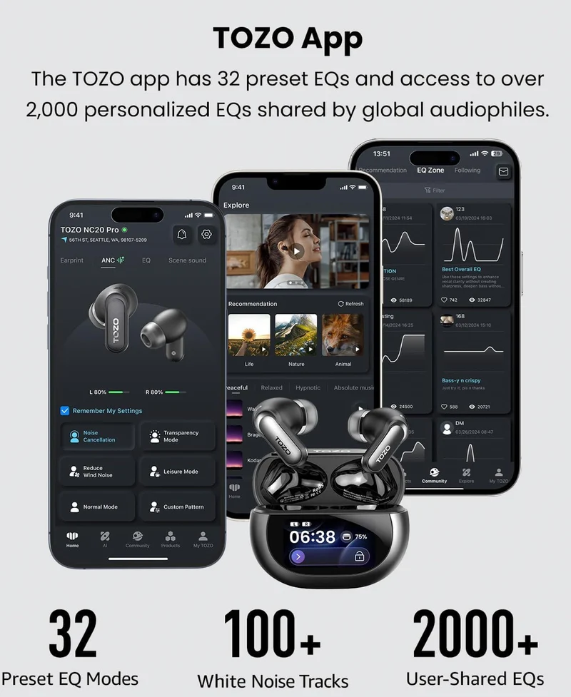 Pro Active Noise Cancelling Wireless Earbuds w/ Smart Touch Screen, LDAC Hi-Res Audio, Stereo Bass,IPX8 Waterproof - Wireless Charging