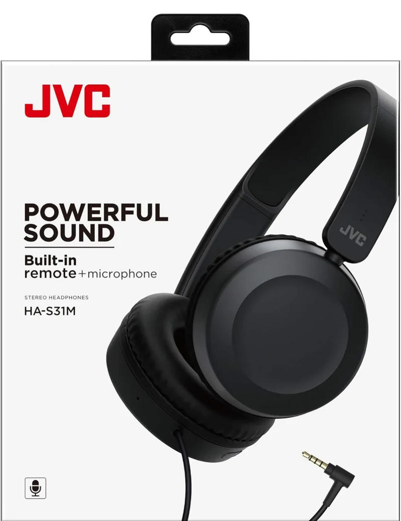JVC Lightweight On Ear Headphones with Powerful Sound, Integrated Remote & Mic for Smartphones - HAS31MB (Black), Medium