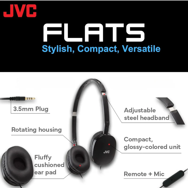 JVC Flats On-Ear Wired Headphones - Flat Foldable Design - 30mm Driver for Powerful Sound - Soft Ear-Pads for Comfort – Steel Headband - Lightweight & Portable - PC/Laptop/Gaming - 3.5mm Slim Plug