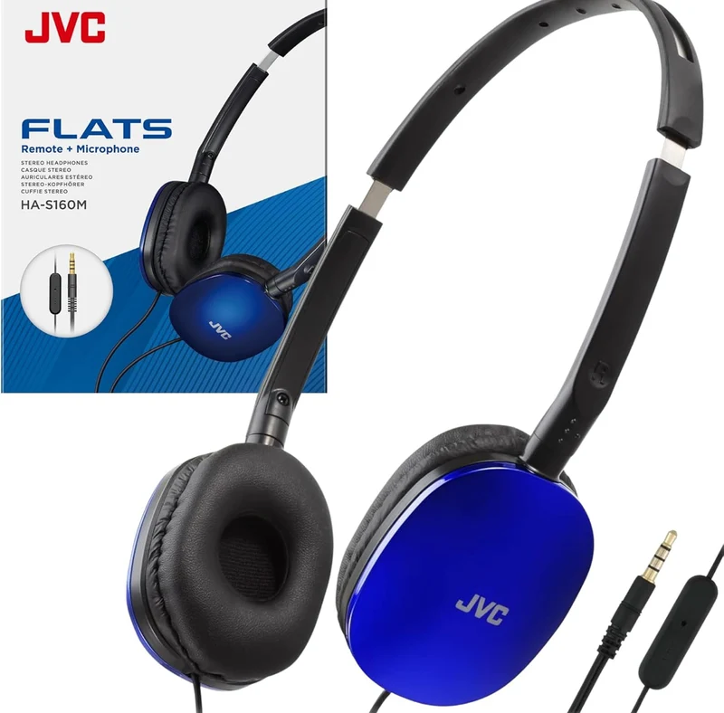 JVC Blue Flat Foldable Colorful Flats On Ear Headphones with Remote and Microphone, 3.94 Foot Gold Plated 3.5mm Slim Plug - HAS160MA, Adjustable