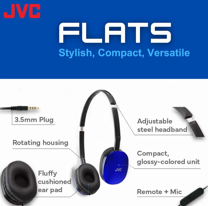 JVC Blue Flat Foldable Colorful Flats On Ear Headphones with Remote and Microphone, 3.94 Foot Gold Plated 3.5mm Slim Plug - HAS160MA, Adjustable
