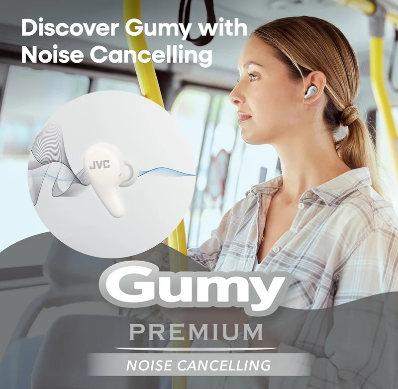 JVC Gumy Premium True Wireless Earbuds Noise Cancelling, Bluetooth 5.4 Headphones 26H Battery, ANC Ambient Mode, Gaming Low Latency, USB-C Case