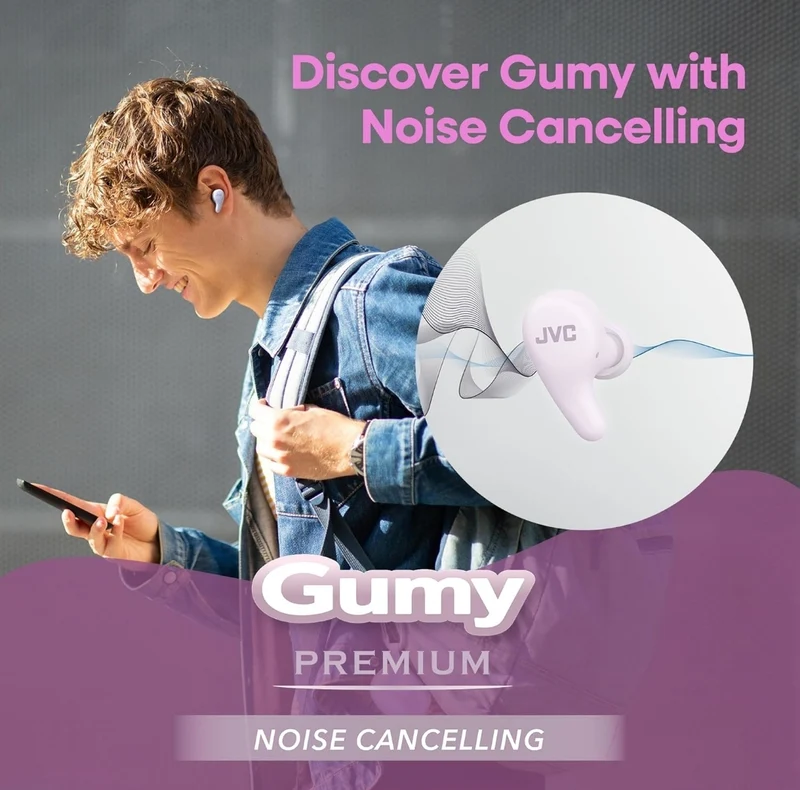 JVC Gumy Premium True Wireless Earbuds Noise Cancelling, Bluetooth 5.4 Headphones 26H Battery, ANC Ambient Mode, Gaming Low Latency, USB-C Case