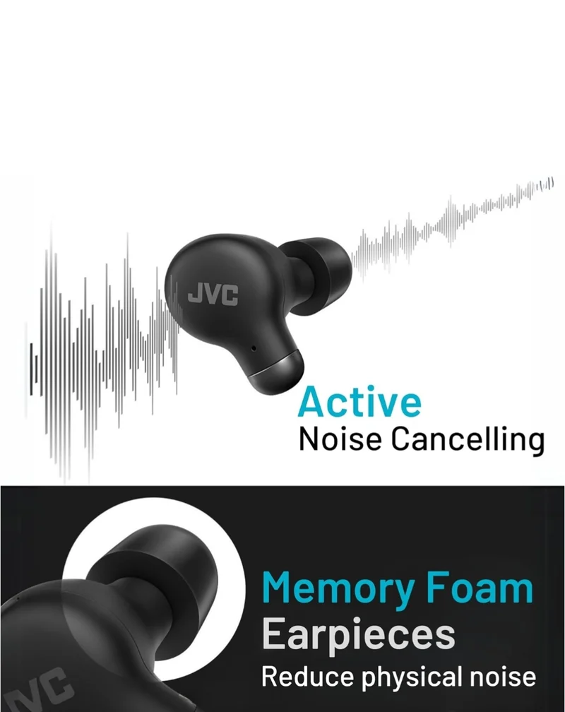 JVC Active Noise Cancelling True Wireless Earbuds - Bluetooth 5.3 with ANC - Comfortable Fit with S/M/L Silicon & Memory Foam Earpieces - IPX4 Water Resistant - 28 Hrs Playback - Compact Charging Case