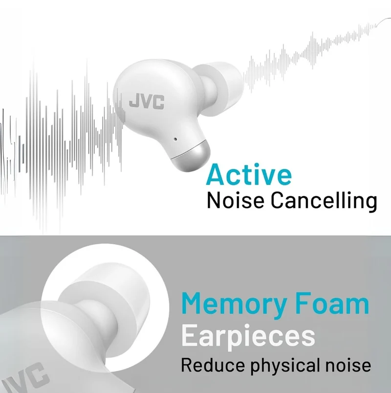 JVC Active Noise Cancelling True Wireless Earbuds - Bluetooth 5.3 with ANC - Comfortable Fit with S/M/L Silicon & Memory Foam Earpieces - IPX4 Water Resistant - 28 Hrs Playback - Compact Charging Case