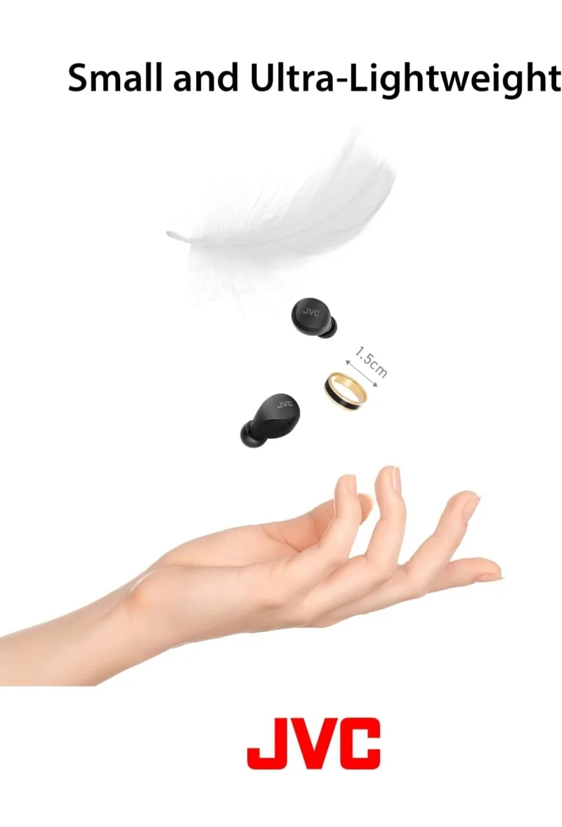 JVC Compact and Lightweight Gumy Mini True Wireless Earbuds Headphones, Long Battery Life (up to 23 Hours), Sound with Neodymium Magnet Driver, Water Resistance (IPX4) - HAA6TB (Black)