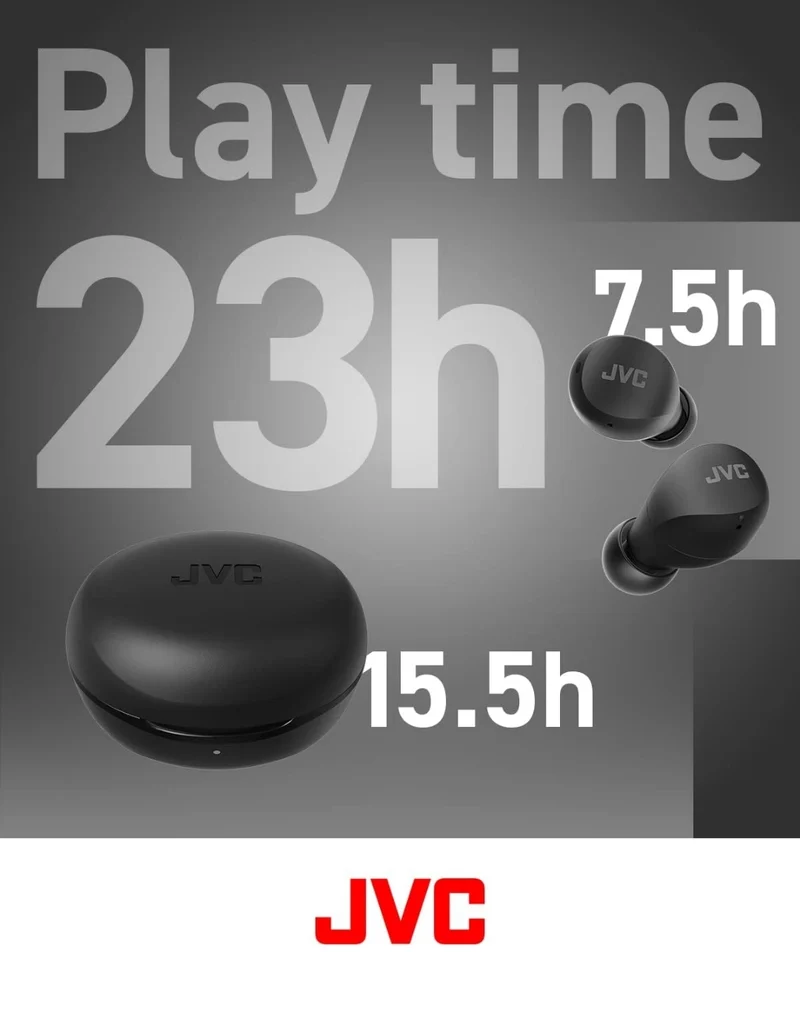 JVC Compact and Lightweight Gumy Mini True Wireless Earbuds Headphones, Long Battery Life (up to 23 Hours), Sound with Neodymium Magnet Driver, Water Resistance (IPX4) - HAA6TB (Black)