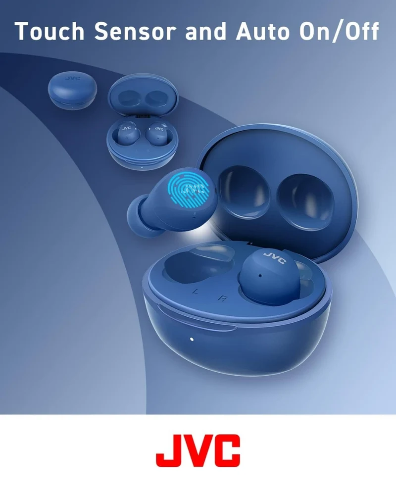 JVC Compact and Lightweight Gumy Mini True Wireless Earbuds Headphones, Long Battery Life (up to 23 Hours), Sound with Neodymium Magnet Driver, Water Resistance (IPX4) - HAA6TA (Blue)