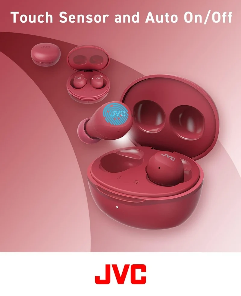 JVC Compact and Lightweight Gumy Mini True Wireless Earbuds Headphones, Long Battery Life (up to 23 Hours), Sound with Neodymium Magnet Driver, Water Resistance (IPX4) - HAA6TR (Red)