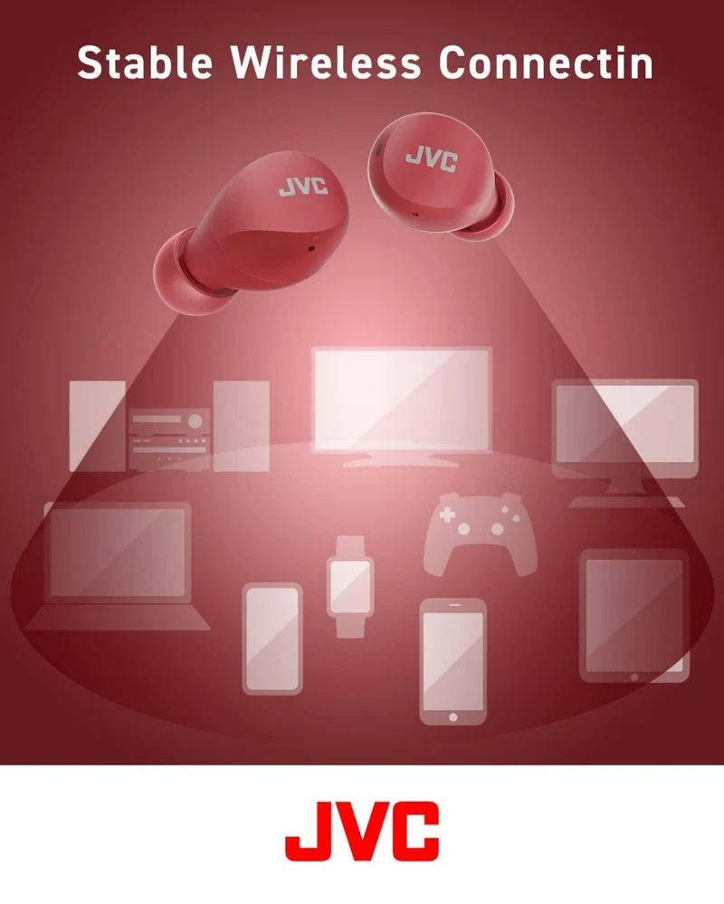 JVC Compact and Lightweight Gumy Mini True Wireless Earbuds Headphones, Long Battery Life (up to 23 Hours), Sound with Neodymium Magnet Driver, Water Resistance (IPX4) - HAA6TR (Red)