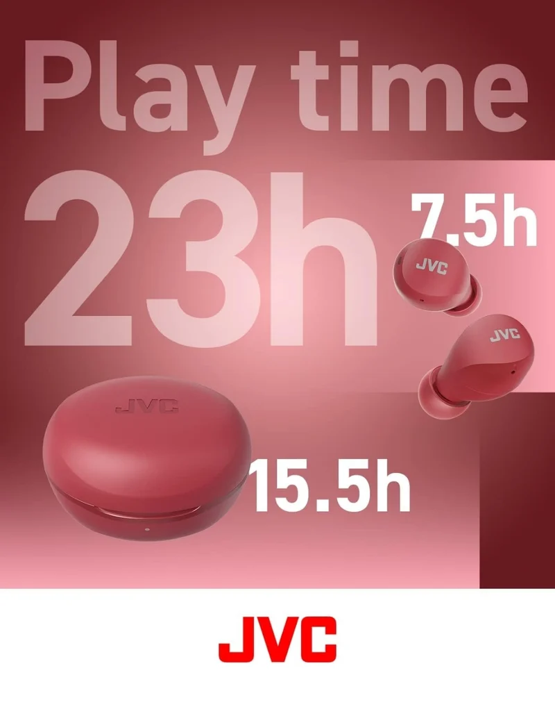 JVC Compact and Lightweight Gumy Mini True Wireless Earbuds Headphones, Long Battery Life (up to 23 Hours), Sound with Neodymium Magnet Driver, Water Resistance (IPX4) - HAA6TR (Red)