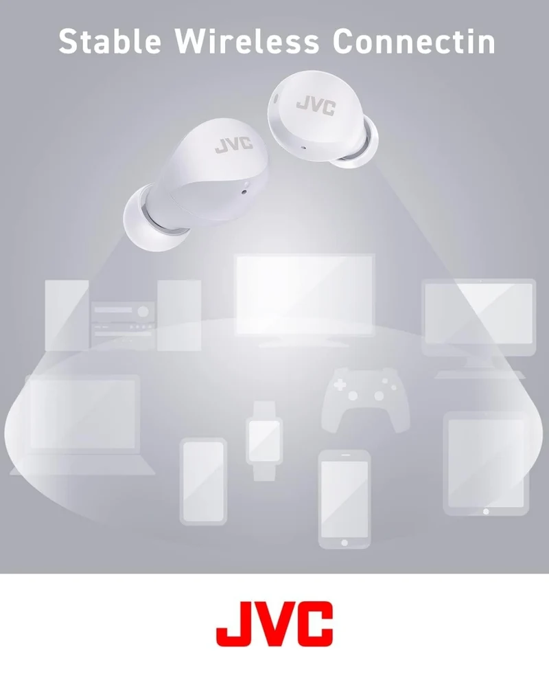 JVC Compact and Lightweight Gumy Mini True Wireless Earbuds Headphones, Long Battery Life (up to 23 Hours), Sound with Neodymium Magnet Driver, Water Resistance (IPX4) - HAA6TW (White)