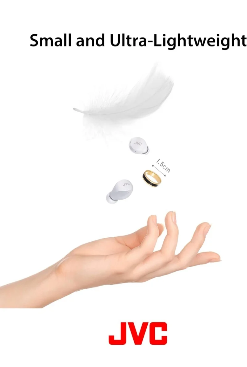 JVC Compact and Lightweight Gumy Mini True Wireless Earbuds Headphones, Long Battery Life (up to 23 Hours), Sound with Neodymium Magnet Driver, Water Resistance (IPX4) - HAA6TW (White)