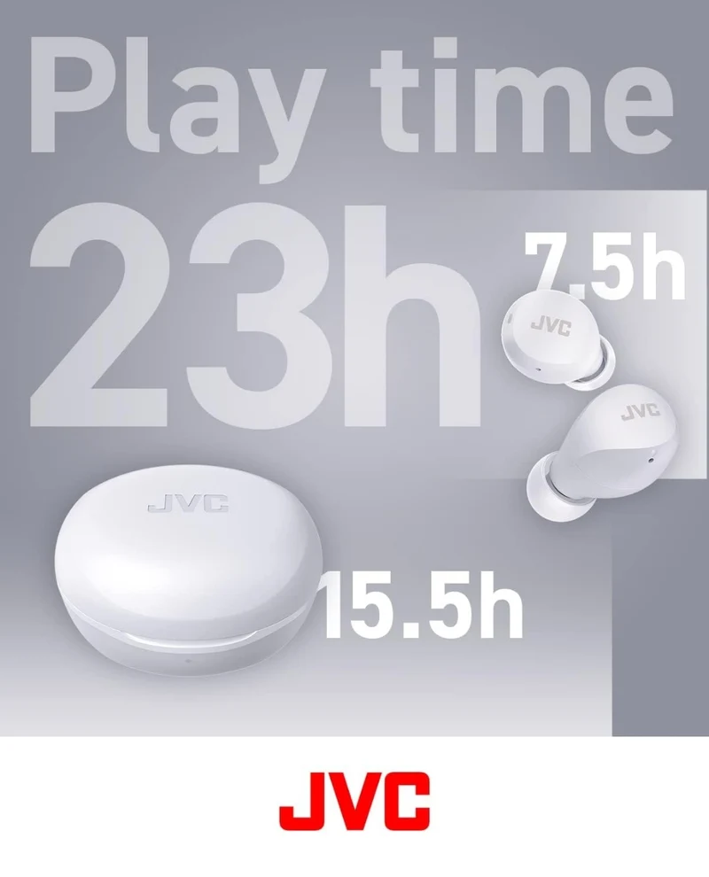 JVC Compact and Lightweight Gumy Mini True Wireless Earbuds Headphones, Long Battery Life (up to 23 Hours), Sound with Neodymium Magnet Driver, Water Resistance (IPX4) - HAA6TW (White)