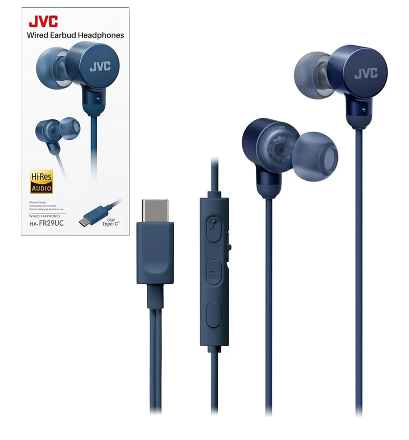 JVC Wired USB-C Earbuds - Noise Isolation - DAC - Hi-Res Audio - Built-in Mic with Mute - Comfortable Silicone Ear Tips - 3 Button Remote – Plug & Play - HAFR29UC
