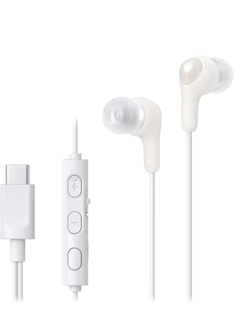 JVC Gumy Connect USB-C Wired Earbuds Headphones, Delay-Free for Videos and Gaming, Built-in DAC Reduces Noise and Improves Sound Quality, 9.2 mm Diameter Neodymium Drivers - HAFR9UCW (White)