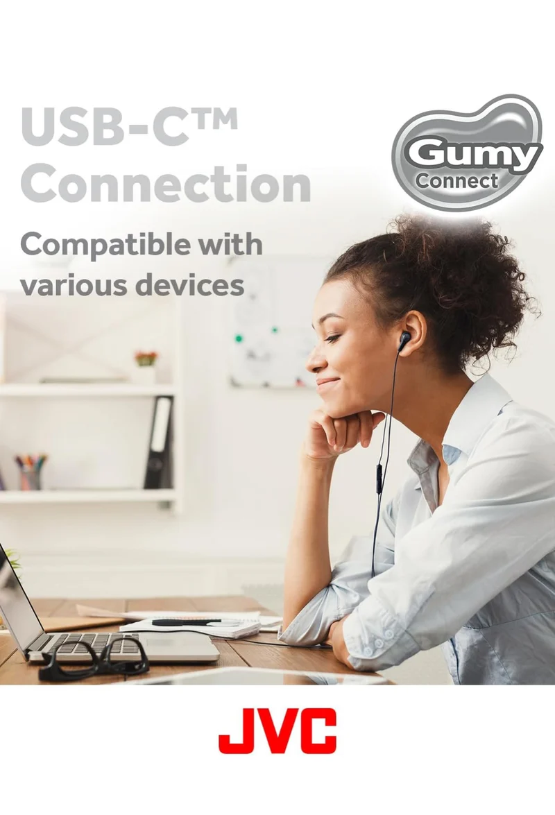 JVC Gumy Connect USB-C Wired Earbuds Headphones, Delay-Free for Videos and Gaming, Built-in DAC Reduces Noise and Improves Sound Quality, 9.2 mm Diameter Neodymium Drivers - HAFR9UCW (White)