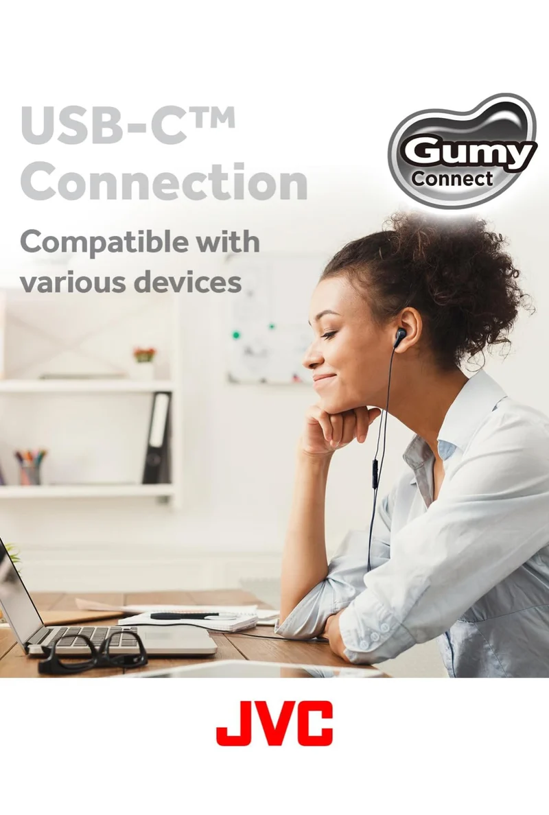 JVC Gumy Connect USB-C Wired Earbuds Headphones, Delay-Free for Videos and Gaming, Built-in DAC Reduces Noise and Improves Sound Quality, 9.2 mm Diameter Neodymium Drivers - HAFR9UCB (Black)