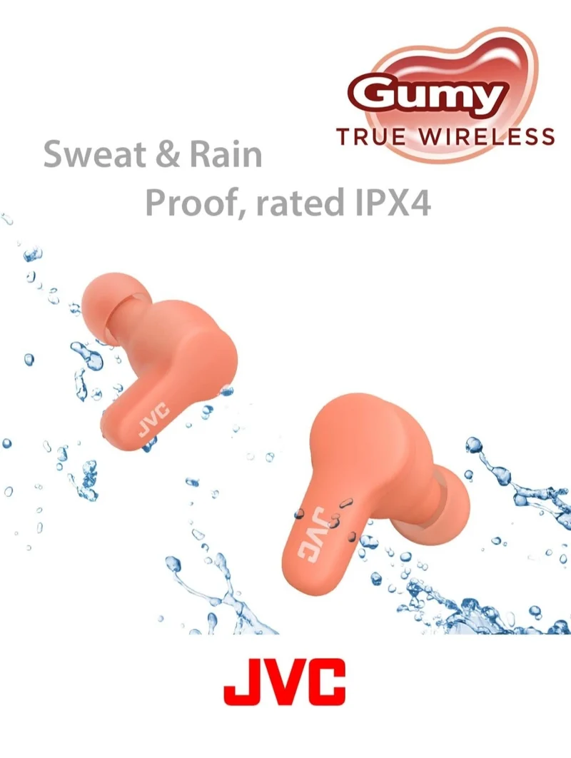 JVC Gumy True Wireless Earbuds, Bluetooth 5.3, Charging Case, 24-Hour Playback, IPX4 Water Resistant, Comfortable Secure Fit with XS/S/M/L Earpieces, Built-in Mic for Calls, iPhone/Android/PC - HAA7T2