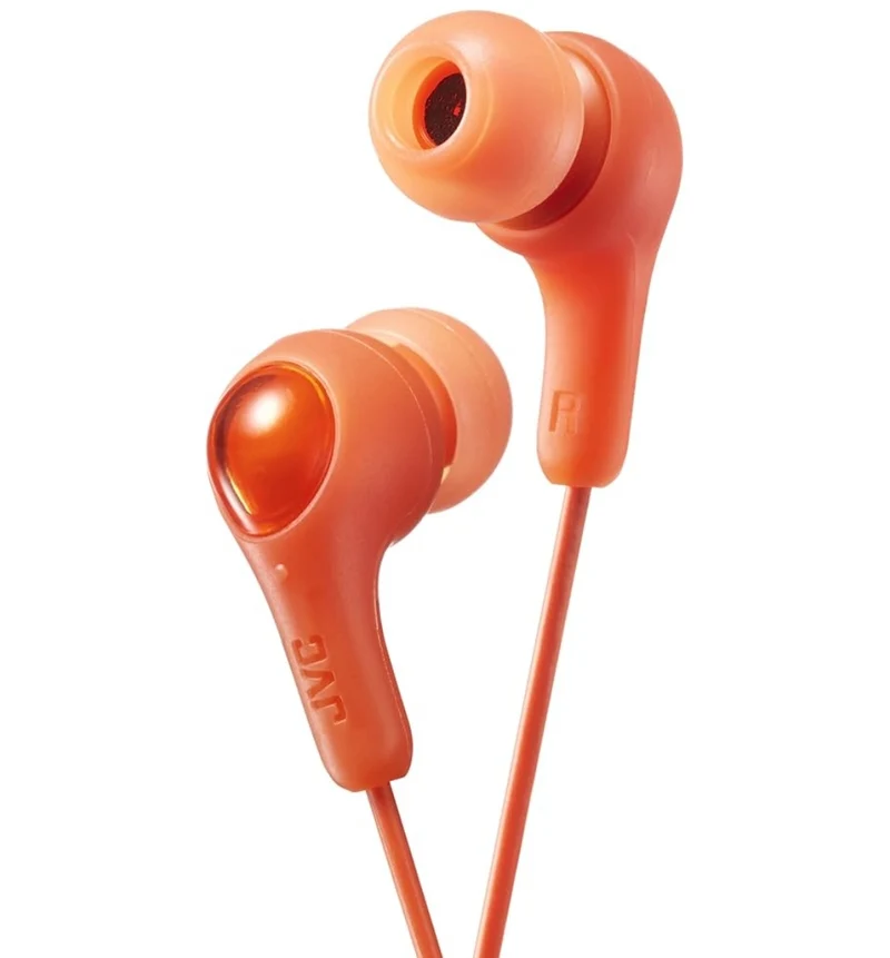 ORANGE GUMY In ear earbuds with stay fit ear tips. Wired 3.3ft colored cord cable with headphone jack. Small, medium, and large ear tip earpieces included. JVC GUMY HAFX7D