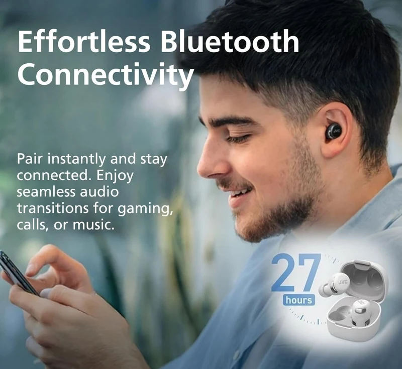 JVC True Wireless Compact Earbuds – Active Noise Cancelling - Bluetooth 5.3 Ear Buds Headphones for iPhone, Android - 27 Hr. Playback, Low Latency Mode - IPX4 Sweat/Rain Proof, Quick Charge Case, Mic