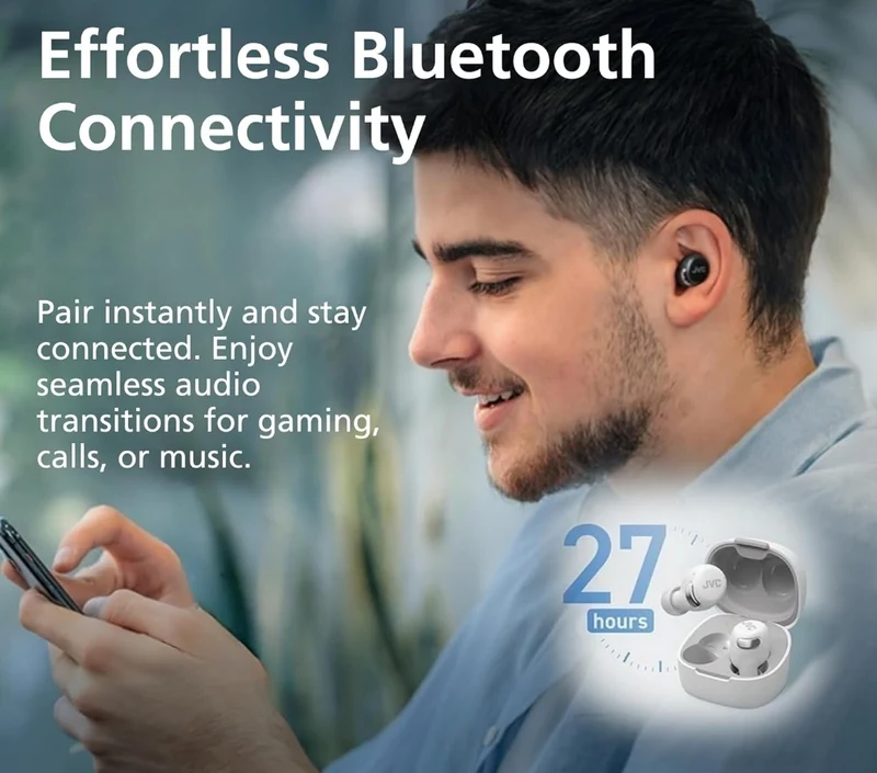 JVC True Wireless Compact Earbuds – Active Noise Cancelling - Bluetooth 5.3 Ear Buds Headphones for iPhone, Android - 27 Hr. Playback, Low Latency Mode - IPX4 Sweat/Rain Proof, Quick Charge Case, Mic