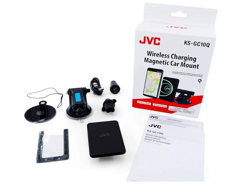 JVC KS-GC10Q Wireless Qi Charging Car Phone Mount, Dashboard Windshield Air Vent car Phone Holder, Includes Magnetic Base Plate, Compatible /w iPhone 11 Series/X/XR/8, Galaxy Note10/S10/S20 Series
