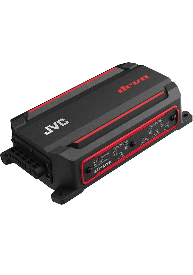 JVC KS-DR2004D 4-Channel Compact Digital Amplifier (600W) for Car, Marine, UTV & Motorsport Vehicles, Solid Corrosion-Resistant Aluminum Chassis, IPX6, IPX7 & IP6X Certified and Vibration-Proof