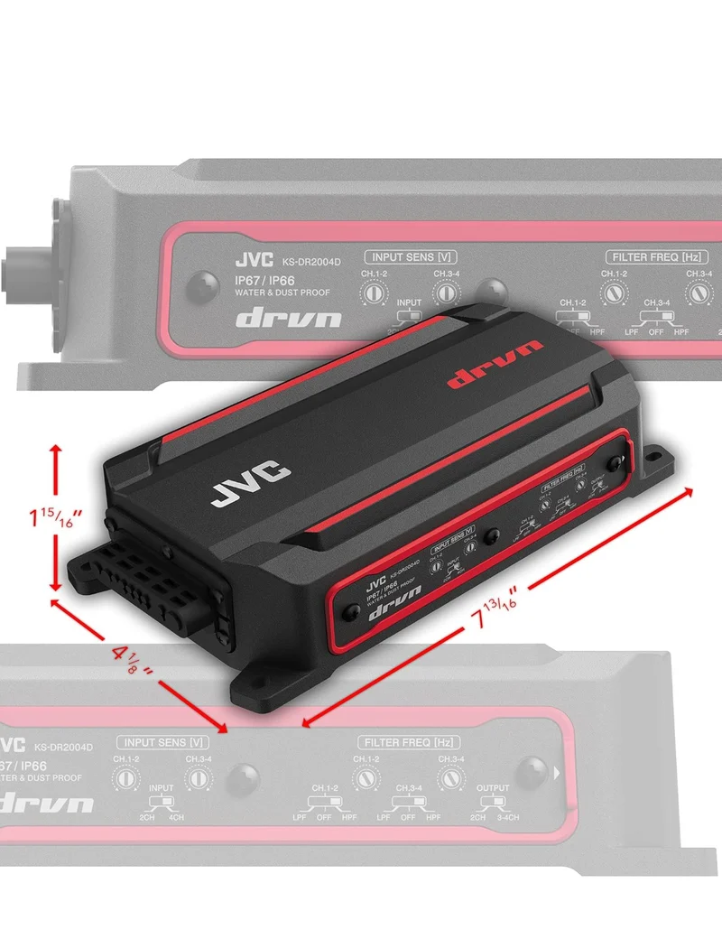 JVC KS-DR2004D 4-Channel Compact Digital Amplifier (600W) for Car, Marine, UTV & Motorsport Vehicles, Solid Corrosion-Resistant Aluminum Chassis, IPX6, IPX7 & IP6X Certified and Vibration-Proof