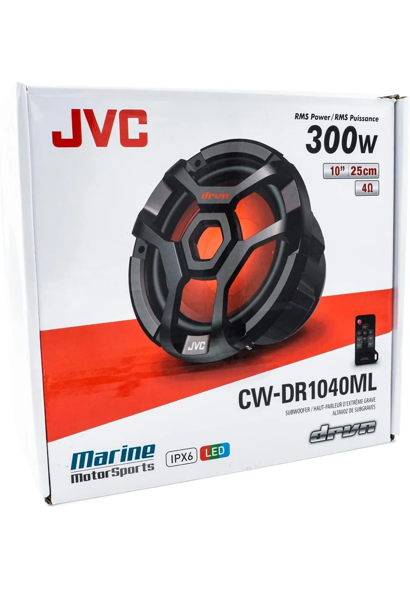 JVC CW-DR1040ML 10-Inch RGB Illunimanation Outdoor Marine/Car Audio Subwoofer - 1,300 Watt Single Black Waterproof Bass Loud Speaker for Marine Stereo Sound System
