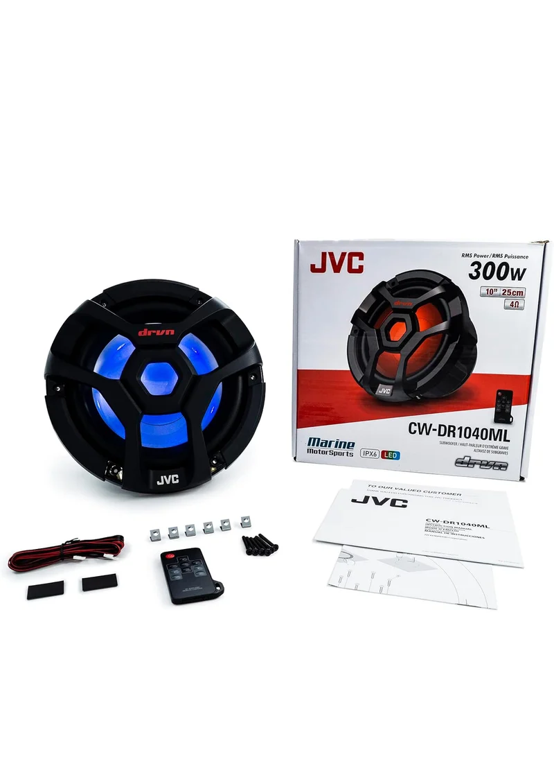 JVC CW-DR1040ML 10-Inch RGB Illunimanation Outdoor Marine/Car Audio Subwoofer - 1,300 Watt Single Black Waterproof Bass Loud Speaker for Marine Stereo Sound System