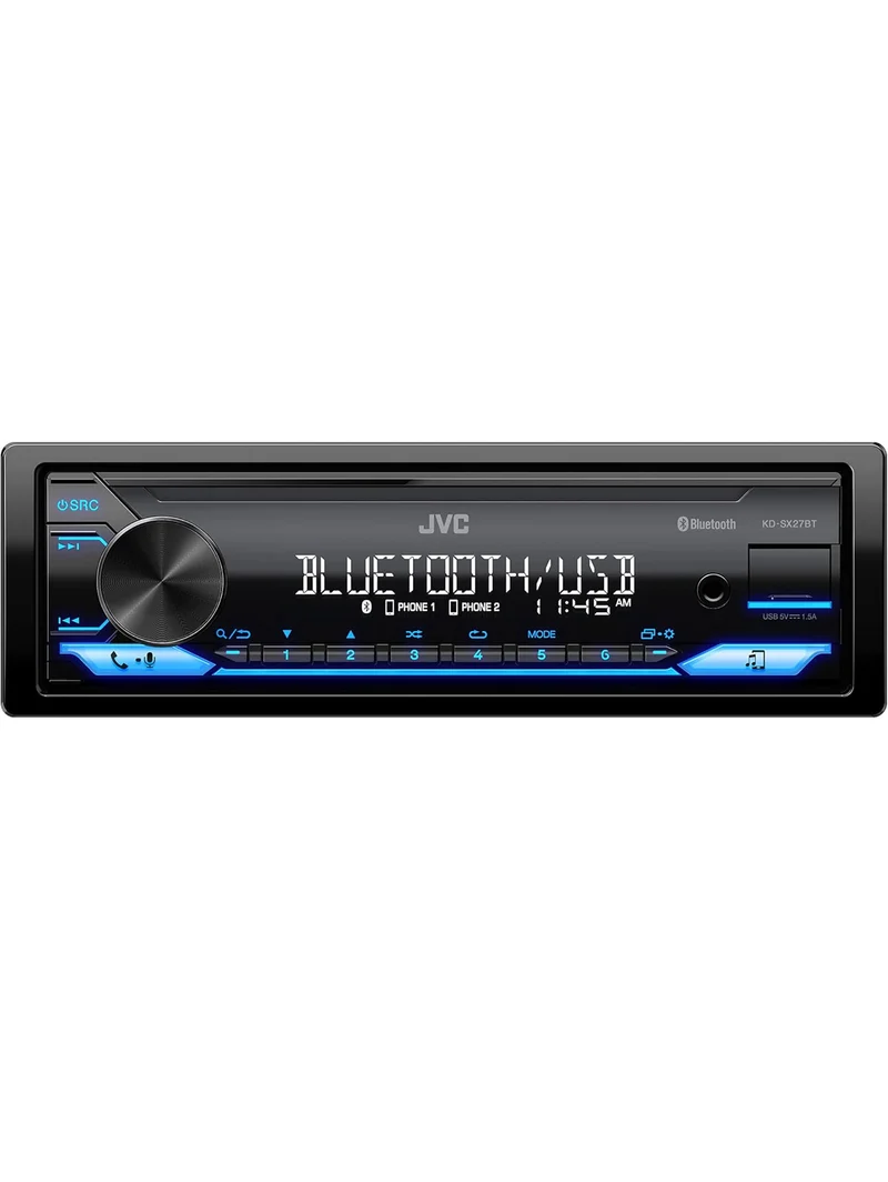 JVC KD-SX27BT Car Stereo with Bluetooth, 100W Digital Media Receiver, 1.5A USB to Charge Devices, Single DIN Head Unit, AM/FM, Aux-in, JVC Remote App