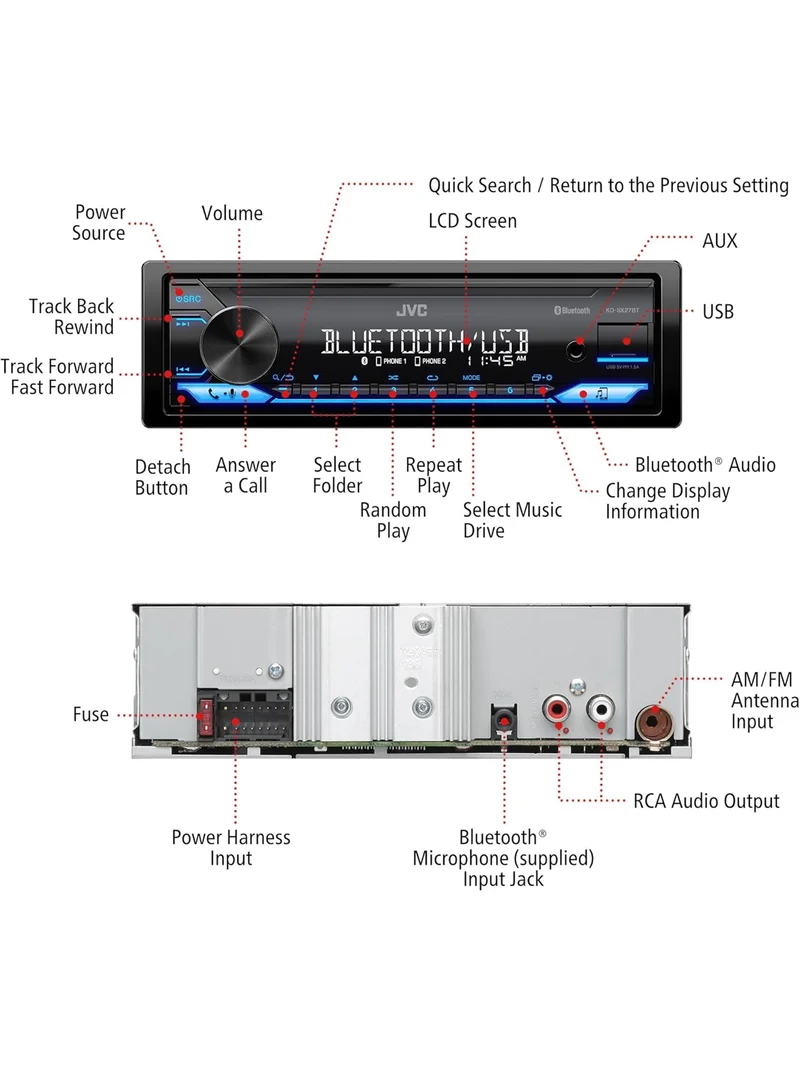 JVC KD-SX27BT Car Stereo with Bluetooth, 100W Digital Media Receiver, 1.5A USB to Charge Devices, Single DIN Head Unit, AM/FM, Aux-in, JVC Remote App