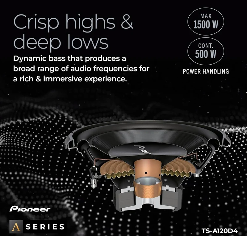 Pioneer TS-A120D4 12” Oversized Subwoofer, 1500 Watts Peak Power, Double 4 Ohms Voice Coil for Deep, Enhanced Bass Response, Shallow Design, Flexible Fit