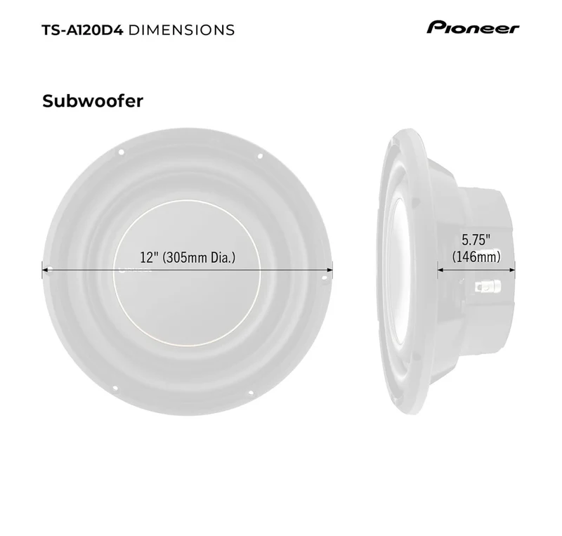 Pioneer TS-A120D4 12” Oversized Subwoofer, 1500 Watts Peak Power, Double 4 Ohms Voice Coil for Deep, Enhanced Bass Response, Shallow Design, Flexible Fit