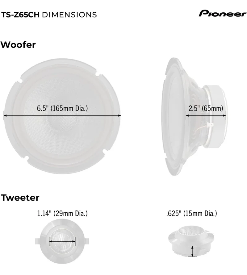 Pioneer TS-Z65CH, 2-Way Component Car Audio Speakers, Full Range, Open & Smooth Sound Quality 6.5” Speakers