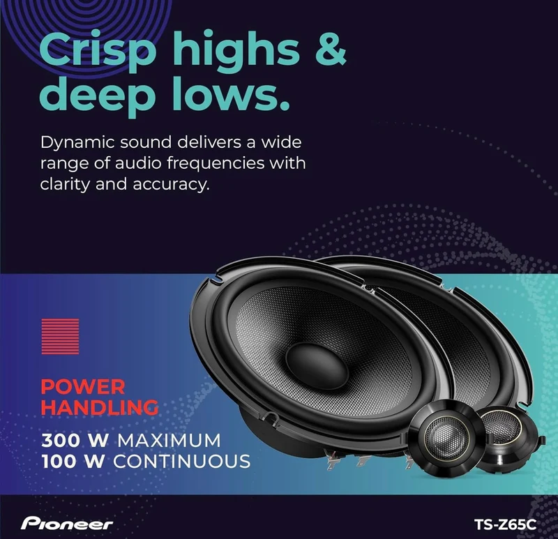 Pioneer TS-Z65C, 2-Way Component Car Audio Speakers, Full Range, Open & Smooth Sound Quality, Enhanced Bass Response, 6.5” Speakers