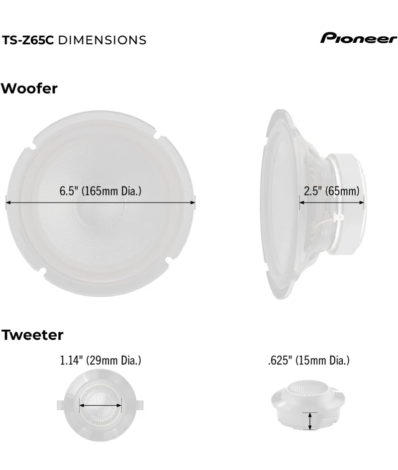 Pioneer TS-Z65C, 2-Way Component Car Audio Speakers, Full Range, Open & Smooth Sound Quality, Enhanced Bass Response, 6.5” Speakers