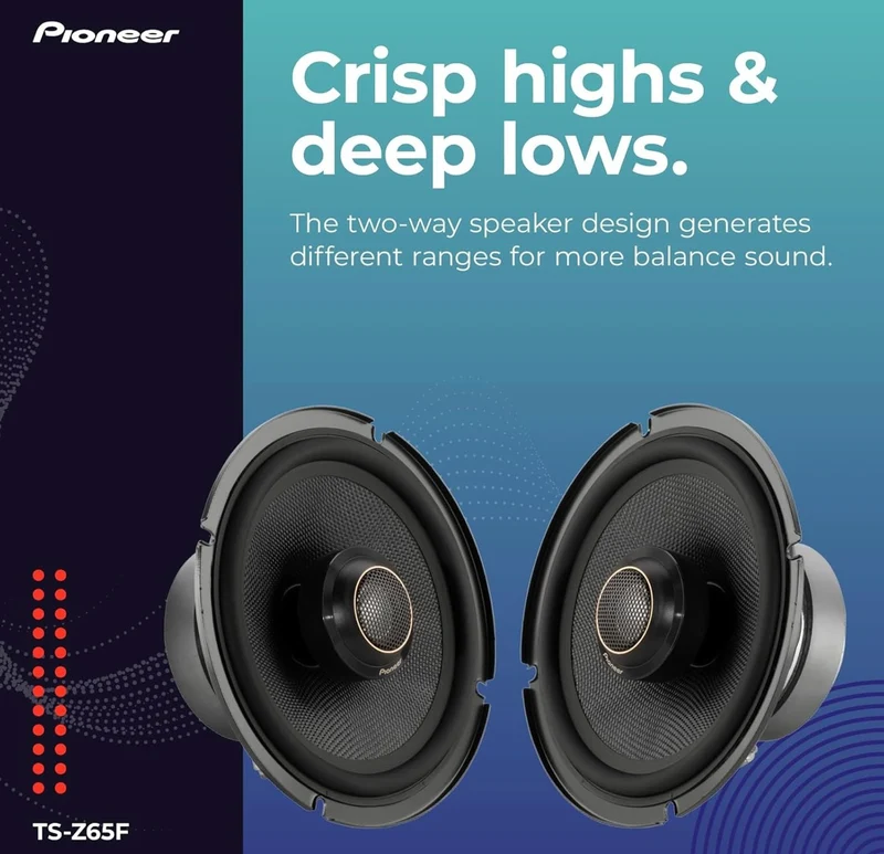 Pioneer TS-Z65F, 2-Way Coaxial Car Audio Speakers, Full Range, Open & Smooth Sound Quality, Easy Installation and Enhanced Bass Response, Black 6.5” Round Speakers