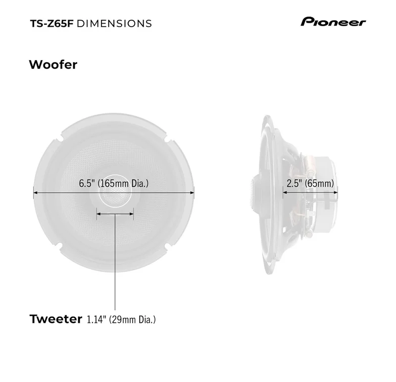 Pioneer TS-Z65F, 2-Way Coaxial Car Audio Speakers, Full Range, Open & Smooth Sound Quality, Easy Installation and Enhanced Bass Response, Black 6.5” Round Speakers