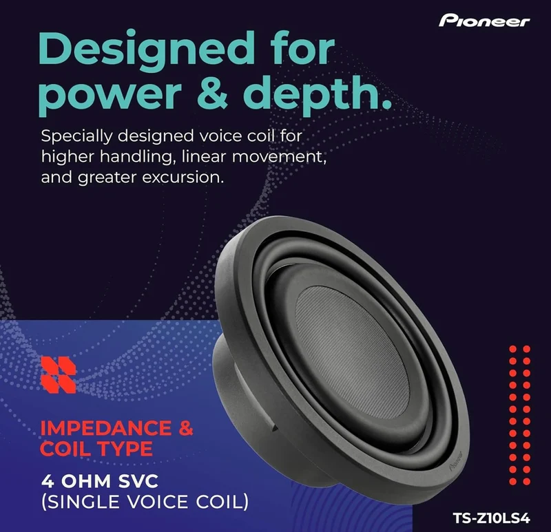 Pioneer TS-Z10LS4 10” Oversized Subwoofer, Shallow Design, Easy Installation and Flexible Fit, 1300 Watts Peak Power, Single 4 Ohms Voice Coil for Deep, Enhanced Bass Response