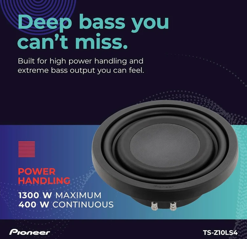 Pioneer TS-Z10LS4 10” Oversized Subwoofer, Shallow Design, Easy Installation and Flexible Fit, 1300 Watts Peak Power, Single 4 Ohms Voice Coil for Deep, Enhanced Bass Response