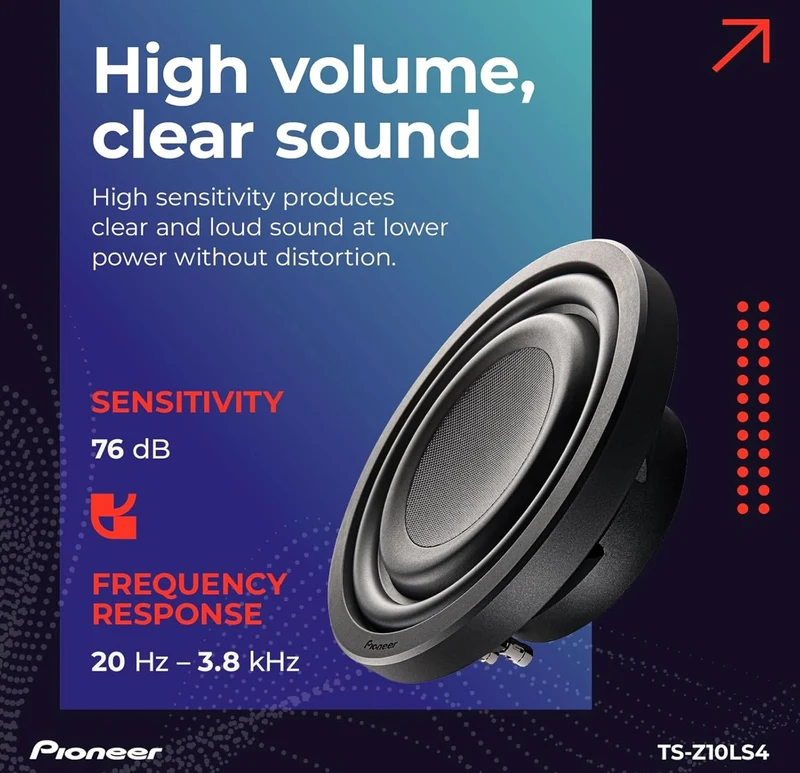 Pioneer TS-Z10LS4 10” Oversized Subwoofer, Shallow Design, Easy Installation and Flexible Fit, 1300 Watts Peak Power, Single 4 Ohms Voice Coil for Deep, Enhanced Bass Response