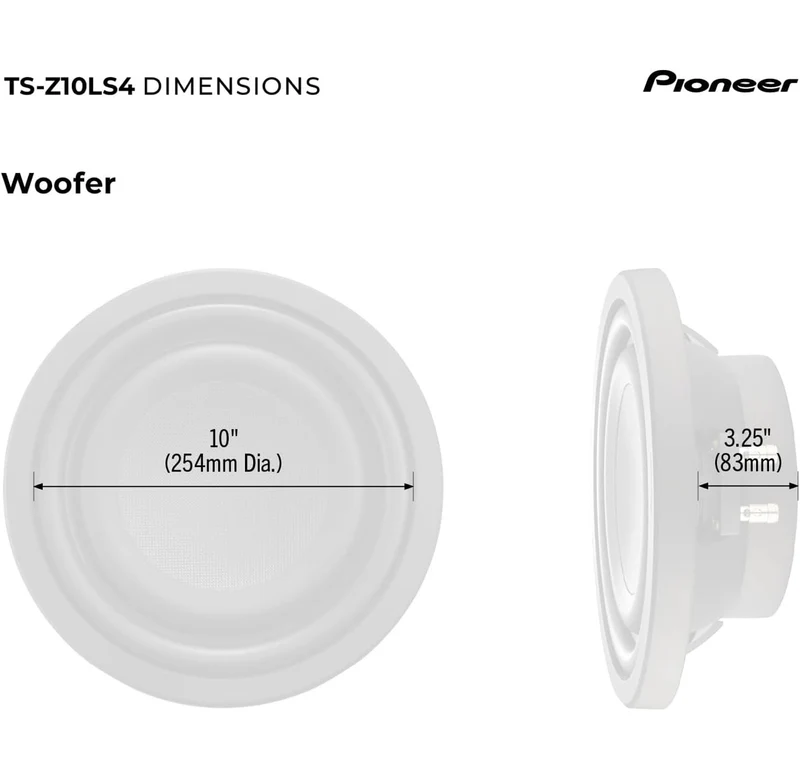 Pioneer TS-Z10LS4 10” Oversized Subwoofer, Shallow Design, Easy Installation and Flexible Fit, 1300 Watts Peak Power, Single 4 Ohms Voice Coil for Deep, Enhanced Bass Response
