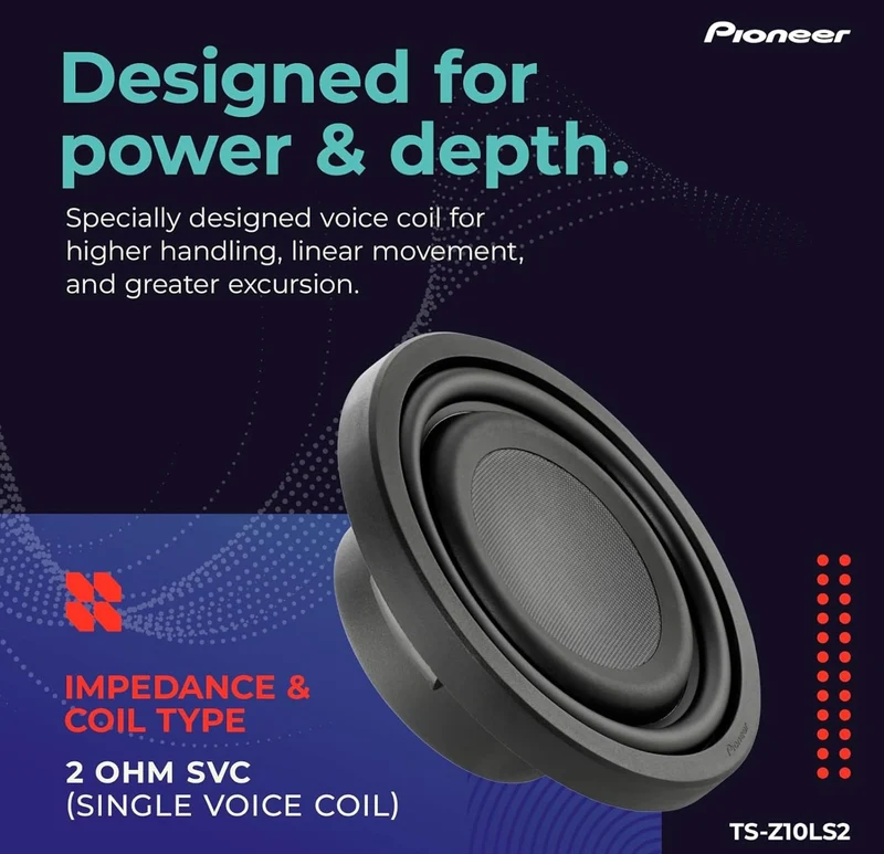 Pioneer TS-Z10LS2 10” Oversized Subwoofer, Shallow Design, Easy Installation and Flexible Fit, 1300 Watts Peak Power, Single 2 Ohms Voice Coil for Deep, Enhanced Bass Response
